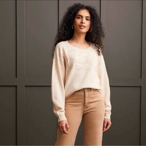 Tribal Ivory Moonstone Embroidered Floral Crew Neck Sweater Boho Hippie Chic S P